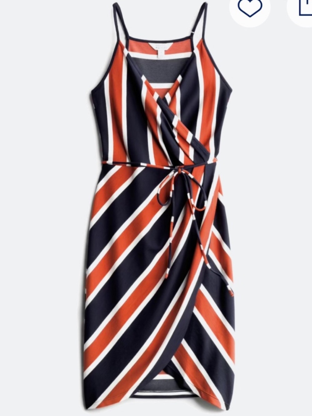 Market & Spruce Faux Wrap Knit Tank Dress Navy Orange Soft White Diagonal Stripe
